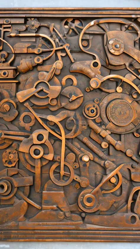 relief stone carvings,old machines of different shapes are connected by rusty pipes,diode,the background is white