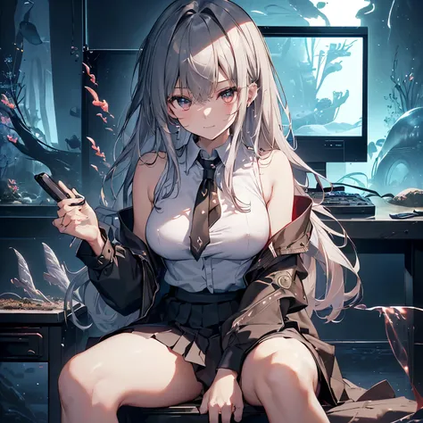 最high quality、best image quality、masterpiece、with a girl((beautiful feces、20-year-old、vest bust、big bust、bust 85,red eye issue、wide open chest,half naked、long gray hair、Slender、Disheveled black Y-shirt、black skirt、black spats,Be at the forefront、sit on a c...