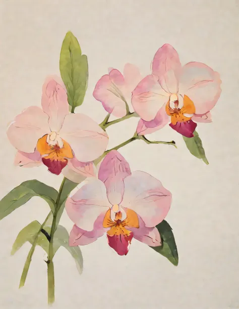 pink orchid, sharp edge, layered pink shades, transparent watercolor painting, fine detail strokes, raised texture, light spring...