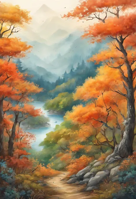 Intricate painting details of Japanese forests, by range murata, galaxy in background, Sea of Clouds, vivd colour, hight contrast, mont, vector line art, orange highlights, trending in pixiv, anime concept art, stick, matte, high high quality, Edge to edge...