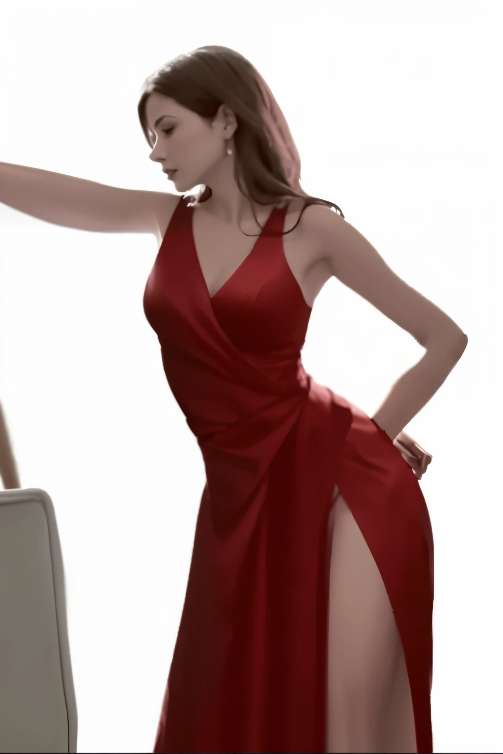 arafed woman in a red dress leaning on a chair, grayscale phtoto with red dress, Digital art of elegance, Flow series, red dress, wearing a red dress, wearing red dress, in a red dress, Made with Anime Painter Studio., girl wears a red dress, Red clothes, ...