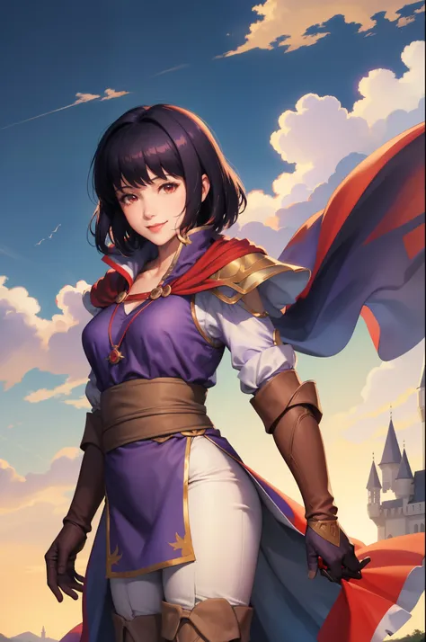 masterpiece, best quality, olwen, red cape, purple dress, sash, brown gloves, white pants, upper body, looking at viewer, smile, castle, sky, clouds, river 