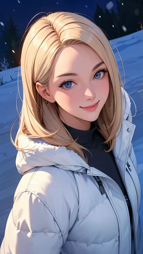 (masterpiece), (best quality), 1girl, (perfect face:1.2), (beautiful face:1.2), platinum blonde hair, (from above, upper body:1.3), happy, light smile, looking at viewer, pose, 
winter coat, outdoors, winter, snow, night time, intricate, depth of field, ci...