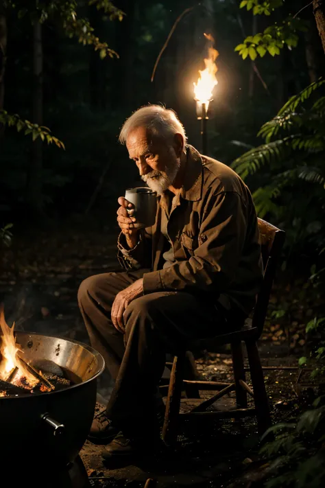 An old man sits on a log next to a fire boiling hot water with a dented kettle late at night in the forest, holding an old coffee cup in his hand.