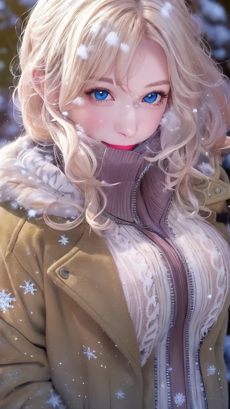 (masterpiece), (best quality), 1girl, (perfect face:1.2), (beautiful face:1.2), platinum blonde hair, (from above, upper body:1.3), happy, light smile, looking at viewer, pose, 
winter coat, outdoors, winter, snow, night time, intricate, depth of field, ci...