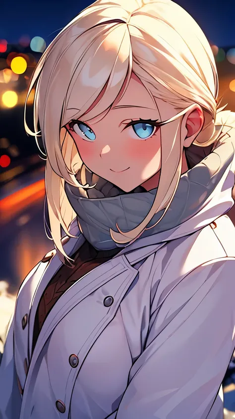 (masterpiece), (best quality), 1girl, (perfect face:1.2), (beautiful face:1.2), platinum blonde hair, (from above, upper body:1.3), happy, light smile, looking at viewer, pose, 
winter coat, outdoors, winter, snow, night time, intricate, depth of field, ci...