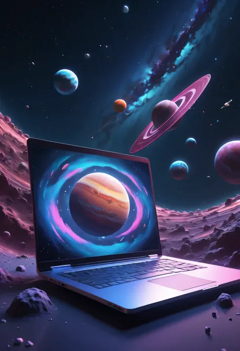 Laptop floating in space，Screen bezels are very narrow, The screen has a swirl to draw surrounding objects, universe, planet, spaceship, galaxy, High detail scenes, animation style rendering, High fidelity art style, High detail composition, Beautiful comp...