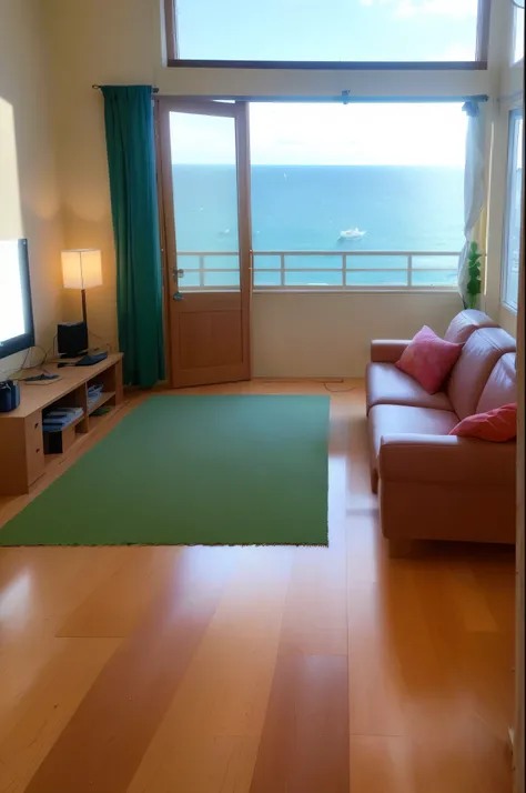 (8K, Raw photo, Highest image quality, Masterpiece, no people: 1.2), (Living room with sufficient brightness: 1.4), spring, You can see the fishing port from the window, Makoto Shinkais works, The wind is blowing