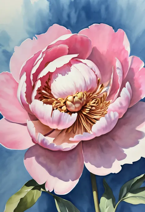 close up，复古洛可可stylewatercolor painting，A large pink peony flower on a blue background underwater, Raphael Lacoste (Raphael Lacoste) style, Daz 3D, and Ivan Shishkin. Detailed watercolor painting, illustration, Unreal Engine 5, Elizabeth Gall, watercolor pa...