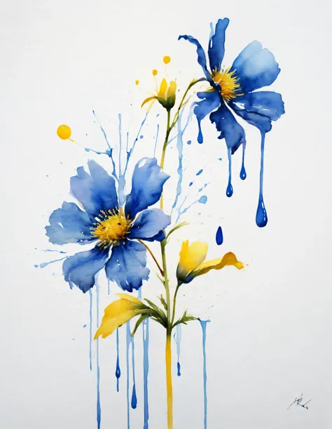 yellow rose flower, watercolor painting, drip watercolor painting, sampler style, Blue and yellow, Martin Lark, Dima Dmitriev, pack,