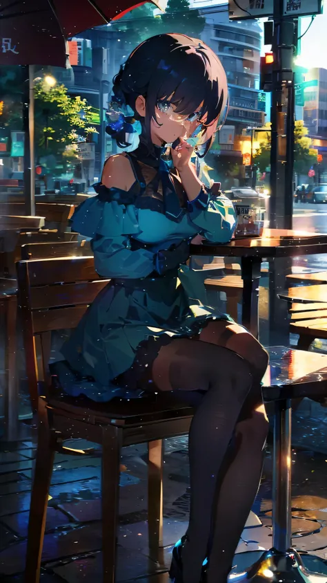 (class, ultra high definition, higher, 超class详细，1 person，There are a lot of details on the face，masterpiece)，a beautiful woman，Sitting outside the café，Wear an off-shoulder dress，Wear a gemstone necklace，Wait for someone
