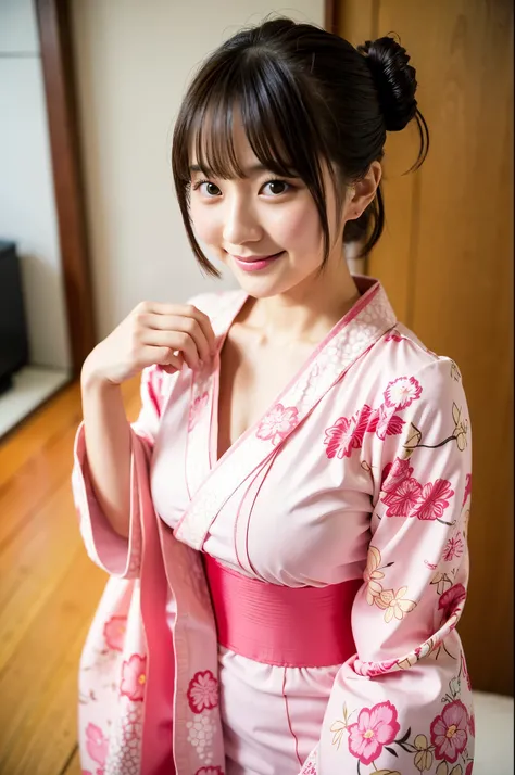 girl in ryokan badroom,long-sleeved floral pink kimono,furisode,hair accessories,18-year-old,bangs,a little smile,legs,short cut hair,low ponytail,from below,front-lighting