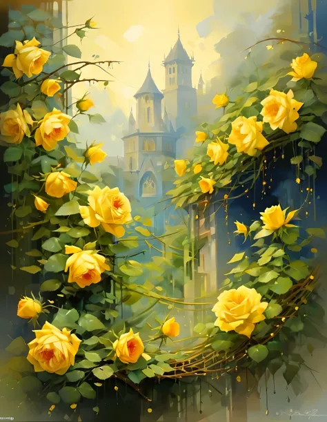 many yellow colored rose vines, watercolor painting,, sampler style, yellow, martin lark, dima dmitriev, pack, background: blue