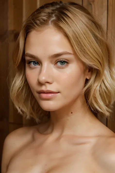 a beautiful natural beauty face who looks a bit like douzen kroes and is blonde, with full natural lips