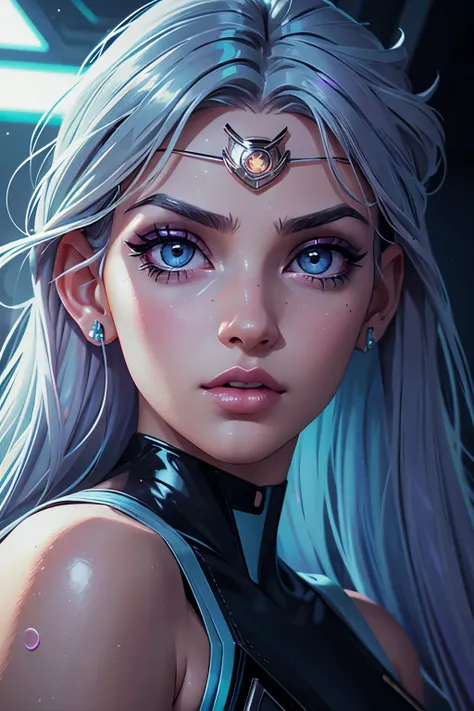 cyberpunk aesthetic, beautiful girl, light iridescent hair, long hair, pastel face cybernetics, grey eyes, long eyelashes, full lips, celestial, light, sailor moon inspired