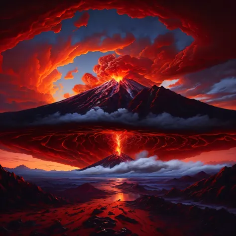 volcano with lava and lava flowing down its sides at sunset, volcano background, volcano landscape, magma and lava, reflecting an erupting volcano, mount doom, volcano eruption, eruption, volcanic eruption, fractal thunder dan mumford, volcano, dark volcan...