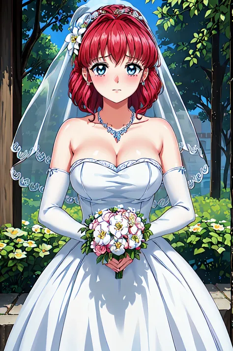 red hair,blue eyes, bangs,double tail, headband, 
 close-up of beautiful bride wearing beautiful wedding dress,gurwitz,(bridal v...