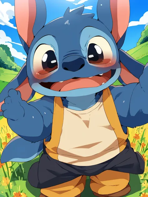 best quality, (highres:1.2), lilo and stitch, stitch, blue fur, mature male, furry, solo, extremely fur, wear cloths, (((perspective))), pose variation, smile, Field, beautiful sky, focus sky, by Hanuvo,author：Vanmosu_Marimo,author：Sumi Kuroi,author：Yupa，(...