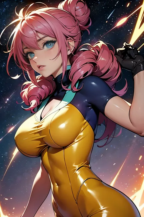 (masterpiece, top quality), (medium),official art, beautiful and aesthetic:1.2),(feldt:1.3), (fractal art:1.3),upper body, gundam00, pink hair, yellow bodysuit, from side, (slendered abs:1.2), looking at viewer,(((starry sky))), stars in the background, pu...