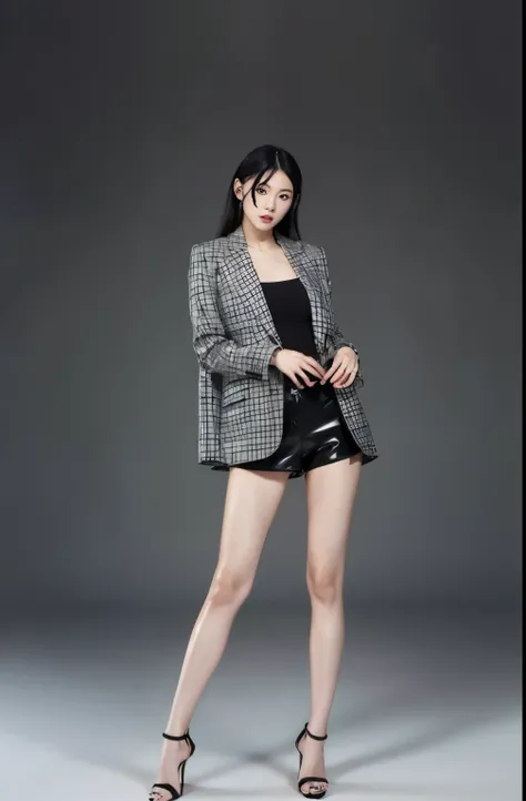 japanese woman, long black hair, beautiful face, double eyelid, Jacket, Black Micro Shorts, beautiful feet, Tall height, thighs,, stiletto heels,model pose