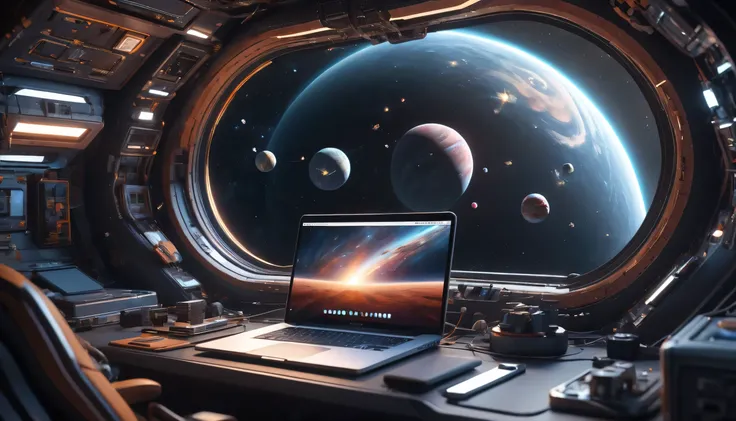 一艘在太空中携带笔记本的universe飞船, Very narrow bezel screen, Black hole vortex sucks in surrounding objects, universe, planet, universe飞船, galaxy, High detail scenes, animation style rendering, High fidelity art style, High detail composition, 3d 4k beautiful composi...