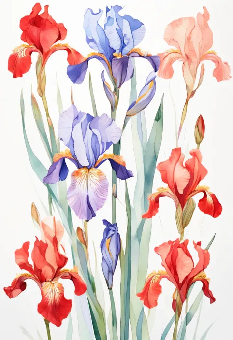 watercolor painting，beautiful iris flower, The contour is sharp, Works by Sydney illustrator Seth Daniels, Light red and light blue styles, movie poster, Bold graphic design elements, close up, Decorative Arts，