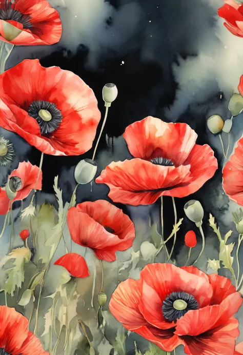 watercolor painting, beautiful poppy flower, halo, Works by Sydney illustrator Seth Daniels, Red, movie poster, Bold graphic design elements, close up, Decorative Arts, background: deep blacks,