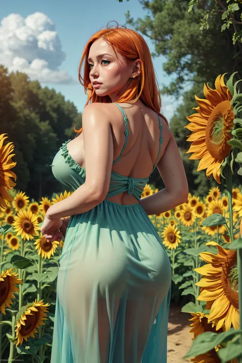 1girl, solo, long hair, orange hair, green eyes, big breast, fat hips, looking back, sundress, sunflower, field,, masterpiece, b...