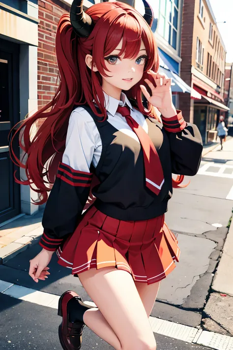 masterpiece、High resolution、4k、1 beautiful girl、demon high school girl、real、3D、whole body、high school girl uniform、Demon horn、long hair、red hair、micro mini skirt、golden eyes、Big eyes、cute eyes、building street、watercolor style、