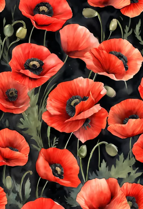 watercolor painting, Beautiful red poppy flower, background: deep blacks, Works by Sydney illustrator Seth Daniels, movie poster, Bold graphic design elements, close up, Decorative Arts,,