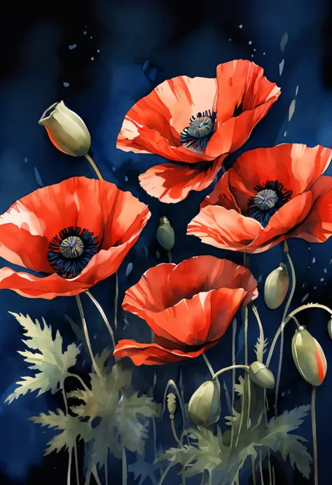 watercolor painting, beautiful red poppy flower, dark blue background, works by sydney illustrator seth daniels, movie poster, b...