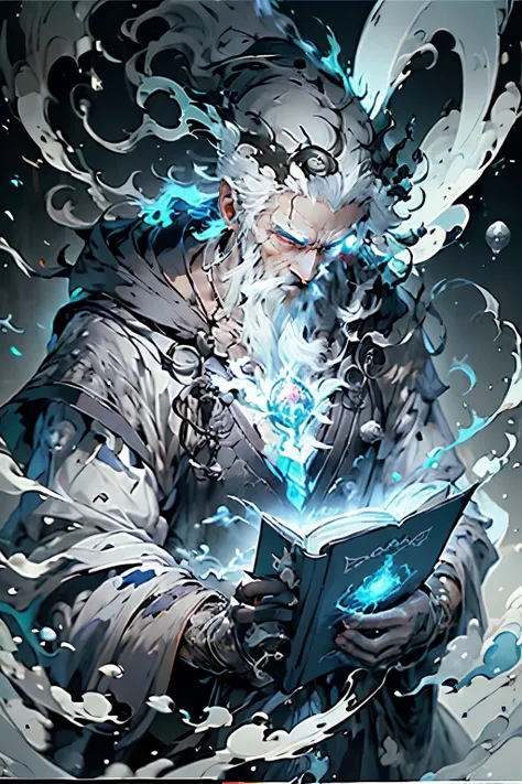 there is a man with a white hair and a blue robe holding a book, an arcane wizard casting a spell, ice mage, old male archmage, lich vecna (d&d), portrait of the old necromancer, portrait of a mage, a sorceress casting a ice ball, picture of a male cleric,...