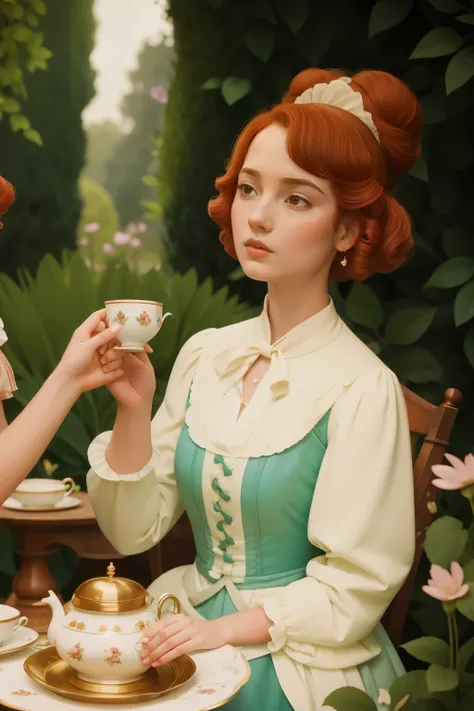 Regency Era English Tea Duel (Location: Manor Garden)
Character: A teenage girl with auburn ringlets, partakes in a magical tea duel in a Regency-era English manor garden. Tea cups transform into swirling spells, creating a whimsical duel of enchantments. ...