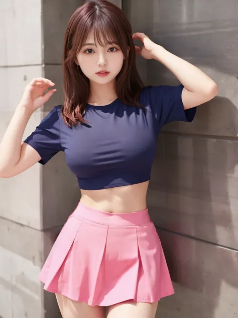 japanese girl、girl in her 20s、perfect body shape、Transparency、big breasts、tight t-shirt、navy blue skirt、pink shirt、fiery idol pose、sensual look、shiny thighs