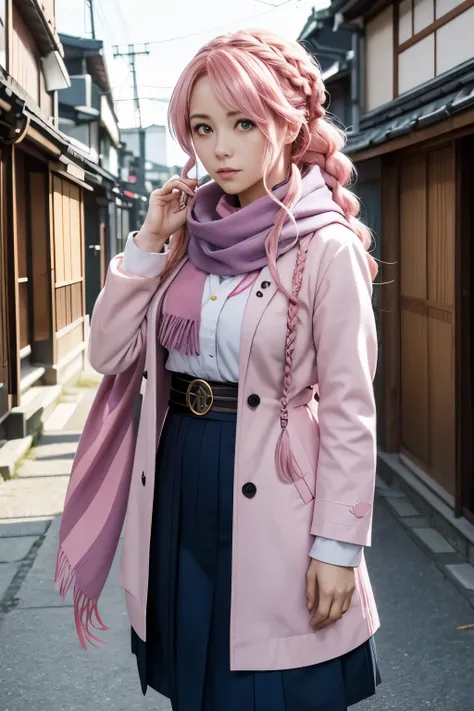 Kyoto Animation stylized anime ~ woman with braided pink hair, Pink eyes, wearing a blue scarf, and adventurer clothing.