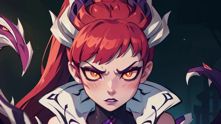 out of frame, Zyra - Crime City Nightmare - League of Legends, HD, white clothes, red hair, blush, yellow eyes, dilated pupils, eye reflection, high detail, depth of field, UHD, retina, masterpiece, ccurate, anatomically correct, textured skin, super detai...