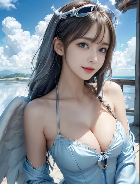 （(Only blue sky and clouds on background:1.8)）、（(sky ring of angels above your head:1.8)）、（(Stand on the clouds:1.5)）、（(cowboy shot:1.5)）、（(bangs:1.6)）、（(Photo from below:1.2)）、（(1 girl:1.8)）、（(solo:1.8)）、break（(slender body:1.2)）、（(Moderate:1.2,Cleavage 1...