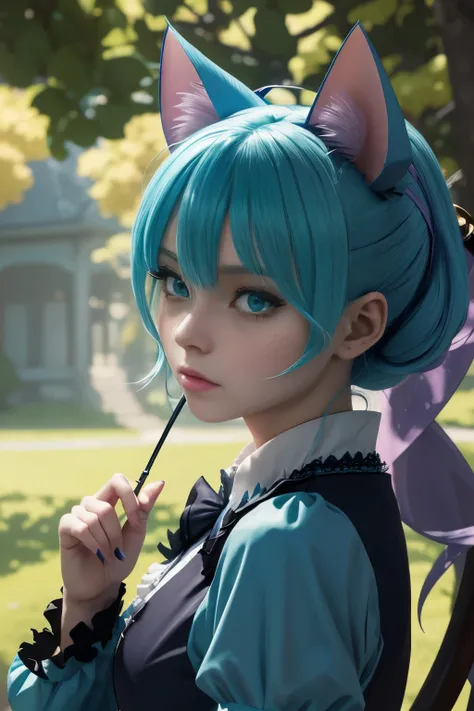 (3D anime style), haunted mansion with a student of magic casting spells while she stands and pout, cat ears, magical animals around, vibrant colors, cyan and yellow palette, soft pastels, beautiful 3D illustration by MSchiffer, intricately detailed, focus...