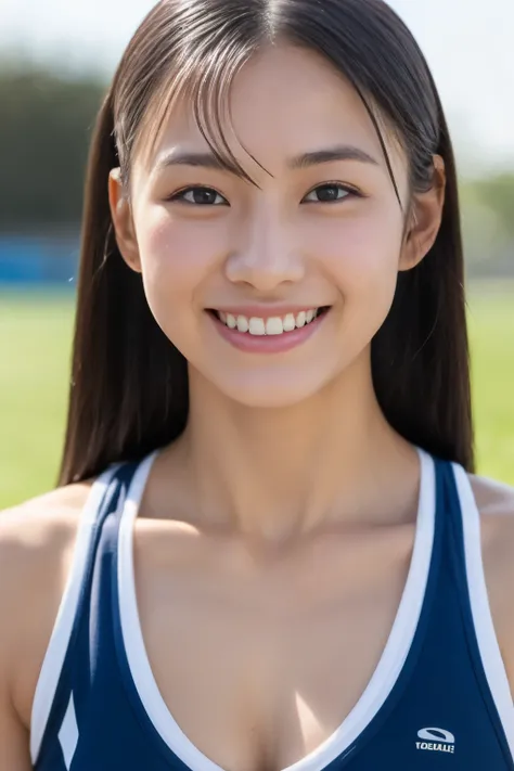 ((show only the face、close up of face、track and field athlete、sportswear、sweaty))、cute japanese woman、17 years old、high school girl、young girl、have bangs、Small cleavage、smile、double eyelid