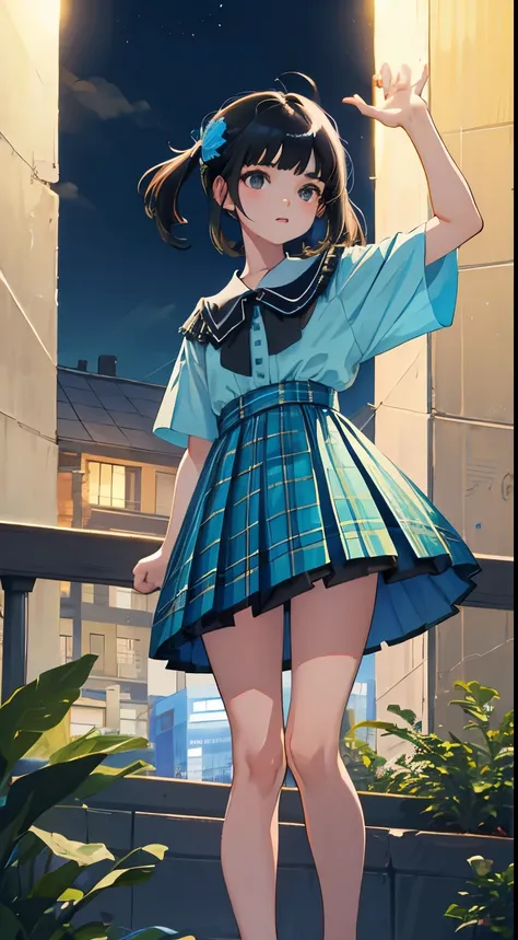 (child)，（masterpiece，Top quality)，Turquoise pleated miniskirt with blue-green plaid pattern，short sleeve，black hair，Summer Classroom，night，night景