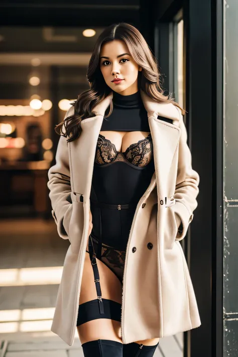 A beautiful brown-haired woman wears lingerie and suspenders, over it a long dark coat, overknee boots, in public, hochwertiges Foto, wahres Leben, 8 TAUSEND, 