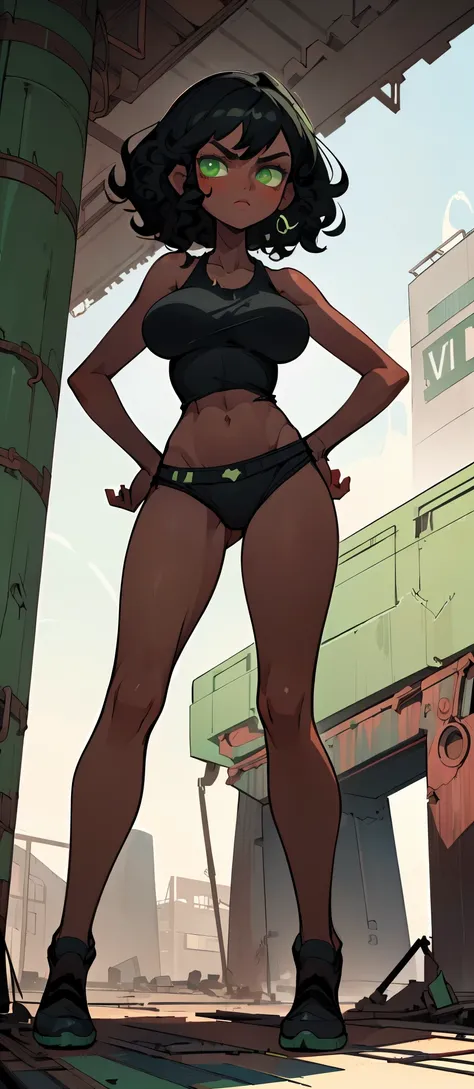 1 woman, black skin , black curly hair , green eyes, sly face , beam , Black tank top , underwear , abdomen , big breasts, Long legs , stand on your hips... , , abandoned factory