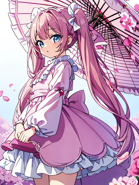 pink hair、Rabbitの女の子、twin tails、lolita服、白いlolita服、lolita、Rabbit、White Rose、white background、whole body、Standing picture、White umbrella、moe