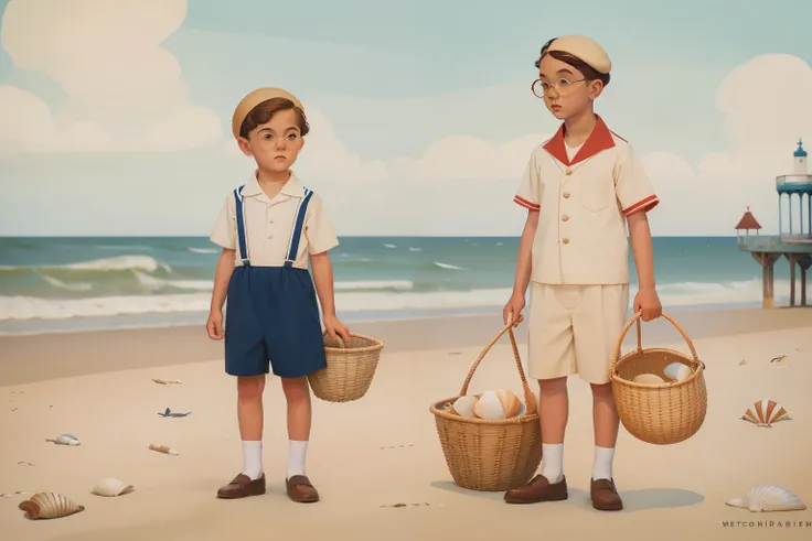 1930s English Seaside Shell Collectors (Location: Brighton Beach)
Character: A curious young boy with sandy hair, exploring Brighton Beach in the 1930s, collects shells in a woven basket. His sailor suit and round spectacles add a touch of whimsy to the co...