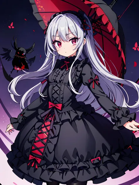 gray hair、red eye、Gothic Lolita、Two dimensions、anime、comics、Gothic Lolita服、black clothes、black frilly umbrella、Crow、full body picture、dress、Eyes without highlights、Low - Angle、corrupt world、dark、villain、Yandere、yanndere、Black Rose