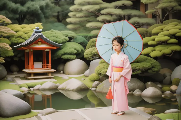 1980s Japanese Zen Garden Kite Flying (Location: Kyoto)
Character: A Japanese girl in her tweens, dressed in a colorful kimono, flies a kite in a Zen garden in Kyoto during the 1980s. The serene landscape contrasts with the vibrant hues of her traditional ...