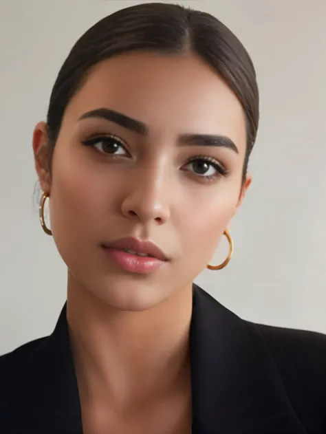 a man wearing black suit、Close-up of woman wearing gold hoop earrings, portrait of sophie mudd, Dua Lipa, Flawless olive skin, Emily Ratajkowski portrait, olivia culpo, gold hoop earrings, Gal Gadot beauty photos, big earrings, madison beale, Large cheekbo...