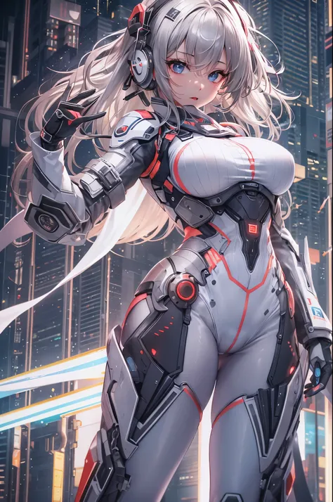 1girl,future technology服装，White latex tights，Luminous array lights on clothes，Soft light，Mechanical belt，future technology，future technology发束，Android，Super Soldier，dynamic poses，shooting，Holographic screen background，Super stunning graphics，super wide sho...