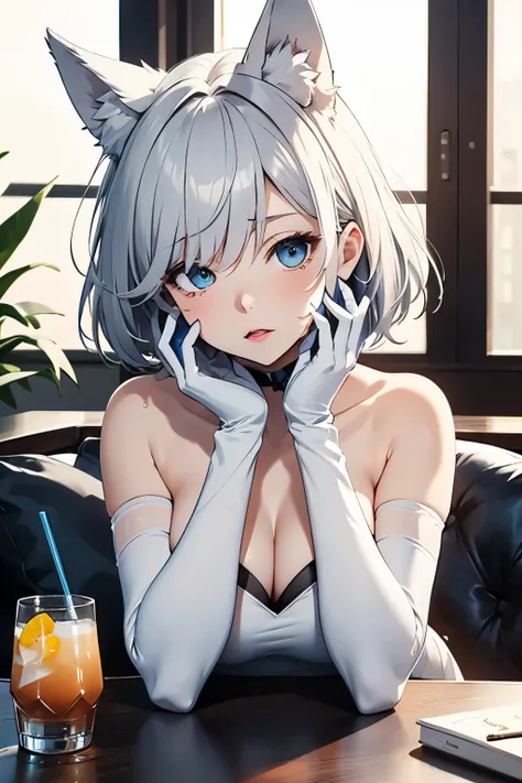 table top　High level image quality　best image quality　8K　 adult woman　Portrait　white long gloves　white pantyhose（（blanche））　cocktail dress（（Tube top）blanche））　wolf ears　short hair（（shortcut）（gray hair）（perm）（fluffy））　eye color is blue　sleepy face（（yawn）（cl...