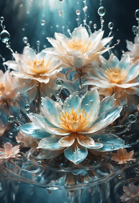 (((intricate detail:1.4))), (((extremely insane detail:1.4))),(((highest quality:1.3))), (((Soft colors 4k highly detailed digital art:1.3))). | Close up of delicate splash of water that forming into magical flower, as splash of water reflect light, each s...